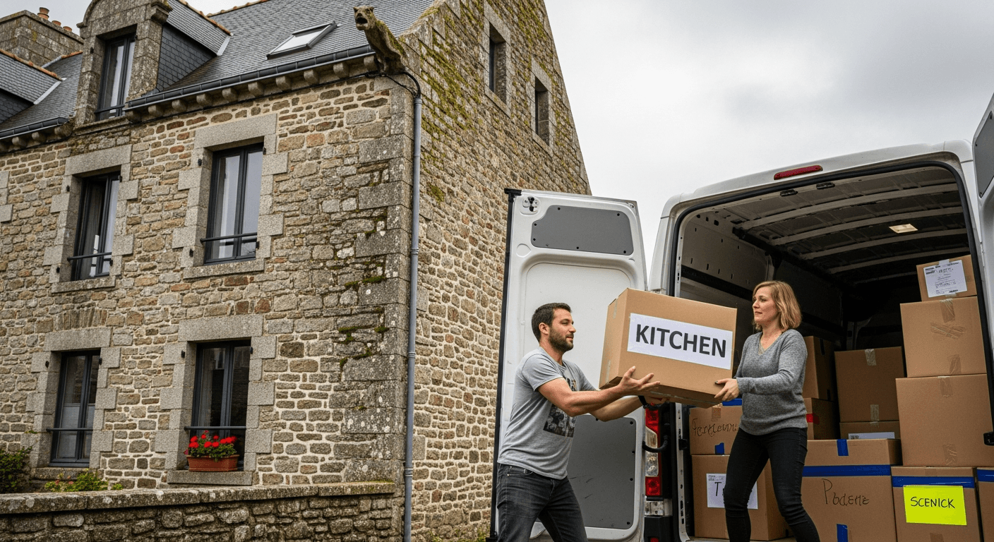 Couple chargeant des cartons dans un camion de déménagement devant un immeuble brestois sous un ciel breton