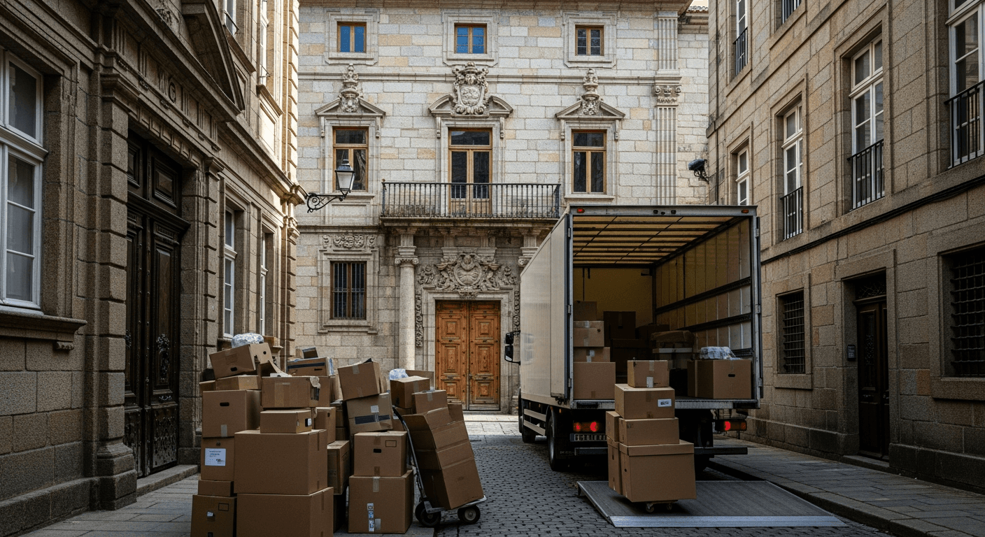 Camion de déménagement stationné devant un immeuble brestois avec cartons sur le trottoir